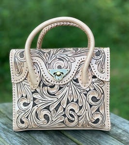 Bolso de Mano de Cuero Genuino con Diseño Vintage para Mujer |   Bolso Satchel con Asa Superior, Estilo Western, con Relieve Floral, Hecho a Mano - Product Image 1