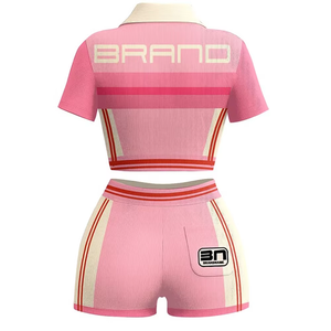 Brand Pink Crop <b>Top</b> Set Short Sleeve Turn-down Collar Sublimation Print Quick Dry Knitted Summer Casual Women's Outfit - Product Image 4