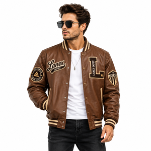 Custom Brown Varsity Letterman <b>Jacket</b> <b>Men</b> PU <b>Leather</b> Baseball College Front Embroidered Chenille Patch Bomber <b>Jacket</b> OEM Bulk - Product Image 1