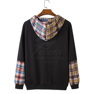 Sweat-shirt à capuche à carreaux noirs pour homme, pull décontracté avec poche avant, fermeture à cordon, design patchwork, vêtement d'hiver 100% coton - Product Image 2