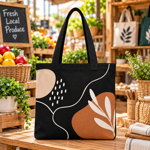 Bolsa de Mano de Lona Negra para Mujer, Estilo Minimalista Boho con Estampado de Hojas, Bolsa de Compras - Product Image 6