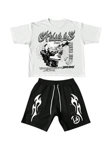 Ensemble T-shirt et short d'été pour homme, streetwear, épaules tombantes, surdimensionné, avec impression graphique personnalisée et short à cordon de serrage - Product Image 1