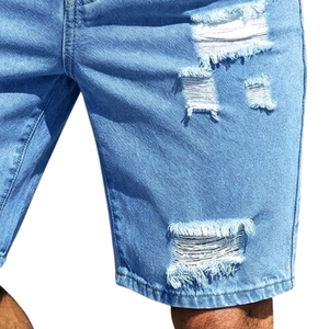 Shorts en jean bleu clair pour homme, coupe droite, mi-longueur, respirant, déchiré, décontracté, cinq poches, en coton, mode estivale, streetwear - Product Image 5
