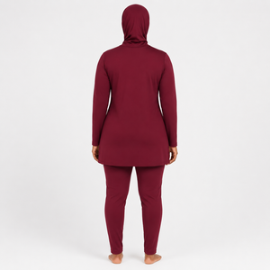 Ensemble Burkini Modeste Femme Décontracté Manches Longues Col Roulé Couleur Unie Bordeaux Séchage Rapide Spandex Polyester Couverture Complète Écologique - Product Image 2
