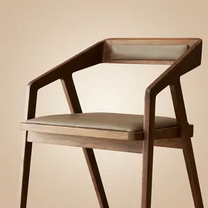 Modern Wooden Restaurant <b>Armchair</b> with Beige Cushioned Seat Curved Backrest and Tapered Legs for Cafe Home <b>Dining</b> Furniture - Product Image 4