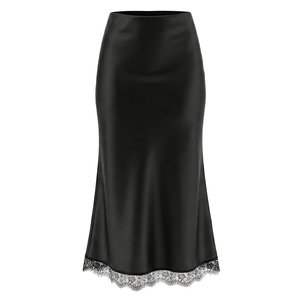 Jupe en satin pour femme, taille haute, couleur unie, coupe trapèze, avec empiècements en dentelle, élégante, longueur genou, en soie - Product Image 3