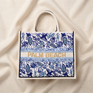 Bolso de Mano de Lona Palm Beach con Bordado Floral Azul, Bolso de Playa para Vacaciones de Verano - Product Image 1