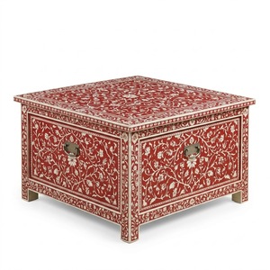 Mesa de Centro Cuadrada de Lujo con Incrustaciones de Hueso Rojo Hecha a Mano, Baúl de Almacenamiento, Patrón Floral, Venta al por Mayor, Hecho a Mano en India - Product Image 1