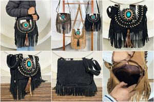 Bolso Bandolera de Cuero Vacuno Estilo Western con Flecos y Concho Turquesa, Bolso de Hombro de Cuero Genuino Estilo Boho para Mujer - Product Image 3