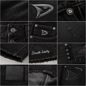 Men’s Baggy Denim Jorts Raw Black Y2K Streetwear Shorts with Red Contrast Stitching, Logo Embroidery & Frayed Hem - Product Image 5