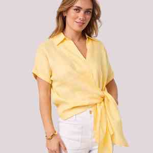 Camisa de lino transpirable de punto para mujer con logo frontal, manga corta, color liso, estilo casual, para verano 2026, venta al por mayor - Product Image 1