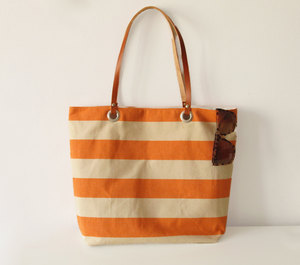 Bolsa de Mano de Lona Sólida Naranja con Asas de Cuero, Forro de Algodón, Cierre Abierto, Estilo Playa de Verano, Bolsa de Compras para Mujer - Product Image 2