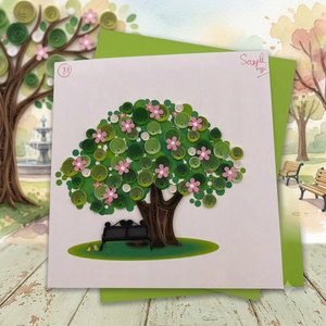 Carte de vœux créative 3D pop-up en quilling, motif arbre en papier, fleurs roses, banc, finition mate, impression numérique, design artistique personnalisé - Product Image 3