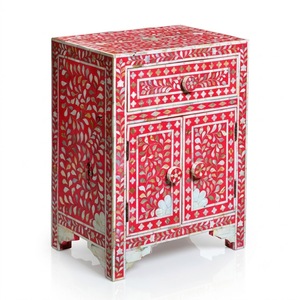 Mesita de noche con incrustaciones de hueso, diseño geométrico de estrellas azules, 1 cajón, 2 puertas, mueble auxiliar para dormitorio, decoración de muebles de hotel - Product Image 3
