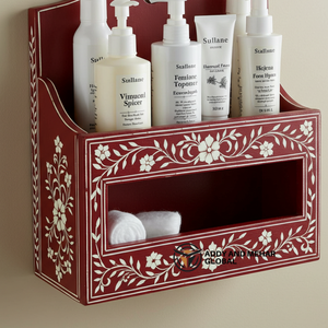 ที่เก็บของติดผนังห้องน้ำสีแดง – ชั้นวางไม้ดีไซน์สวยสำหรับใช้ในห้องน้ำและโต๊ะเครื่องแป้ง - Product Image 5