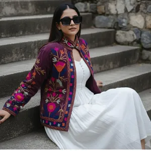 <b>Women</b> Ethnic Floral Suzani Cotton <b>Jacket</b> Burgundy Boho Embroidered <b>Vintage</b> Style Casual Lightweight Coat - Product Image 3
