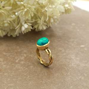 Vintage Oval <b>Turquoise</b> <b>Ring</b> 14K Gold Plated Scalloped Infinity Band Boho Western Unisex Daily Wear Jewelry - Product Image 4