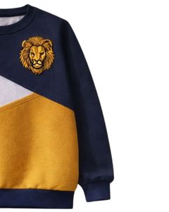 Sweat-shirt pour femme en molleton doux, colorblock bleu marine, moutarde et gris, col rond, décontracté, pull d'hiver avec détail brodé lion - Product Image 4