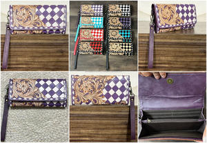 Nouvelle Pochette Femme Artisanale en Cuir de Vachette 2026 avec Dragonne, Motif Floral Sculpté Style Western, à Carreaux, pour Femme - Product Image 3