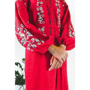 Women Red Embroidered Long Kurta <b>Dress</b> Cotton <b>Linen</b> Ethnic <b>Maxi</b> <b>Dress</b> With Tie Up Waist - Product Image 3