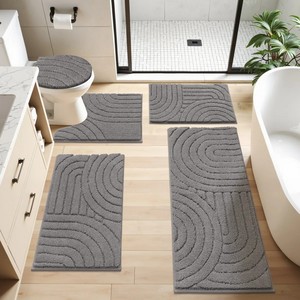 Modern Abstract Chenille Bath <b>Mat</b> <b>Set</b> 4 Piece Rectangle Non-Slip Rubber Backing for Home <b>Bathroom</b> - Product Image 4