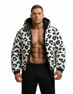 Blouson matelassé à capuche pour homme, imprimé léopard blanc et noir, manteau d'hiver bouffant, style streetwear, vêtement d'extérieur tendance - Product Image 4
