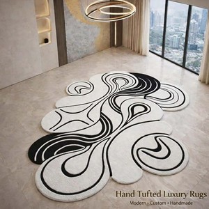 Alfombra Contemporánea de Lana Negra y Blanca con Diseño Abstracto Curvo, Alfombra de Lujo Suave y Afelpada, Moderna, Hecha a Mano, Decorativa para Sala de Estar - Product Image 4