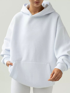เสื้อฮู้ดดี้โอเวอร์ไซส์สำหรับผู้หญิง สีพื้น ไหล่ตก แขนยาว ผ้าถักนิตติ้ง ผ้าฝ้ายฟลีซ กันยับ มีกระเป๋า ระบายอากาศได้ดี สไตล์ฤดูหนาว - Product Image 3
