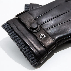 Gants de conduite pour homme en cuir véritable de haute qualité, doublure chaude, en peau de mouton noire, avec sangle de poignet réglable - Product Image 2