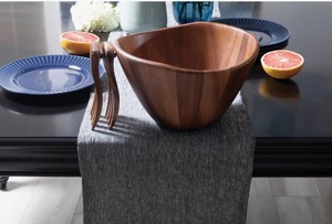 Bol à salade rond en bois avec fourchettes de service, design minimaliste fait main pour les fêtes et la maison - Product Image 2