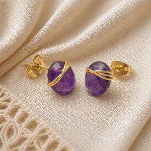 Handmade Amethyst <b>Studs</b> 8–10mm | Oval Wire Wrapped Purple Crystal Earrings | Spiritual Healing Gift - Product Image 1