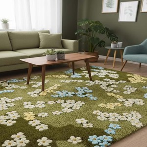 Alfombra de Lana Verde con Diseño Floral, Hecha a Mano, con Motivos de Margaritas, Inspirada en la Naturaleza, para Sala de Estar, Dormitorio, Decoración del Hogar - Product Image 4
