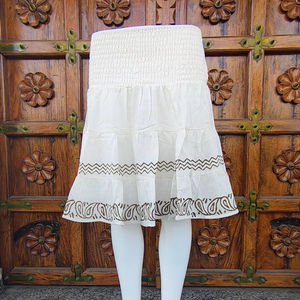 Handmade Soft Breathable A-Line Bohemian <b>White</b> Cotton <b>Tiered</b> <b>Skirt</b> Elastic Waist Decorative Brown Embroidery (ODM) Knee-Length - Product Image 1