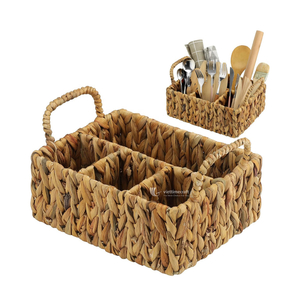Handmade Water Hyacinth Utensil <b>Caddy</b>, Woven Kitchen Organizer with 4 Compartments for Dining <b>Table</b>, Picnic & Party - Product Image 1
