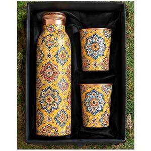 Bouteille d'eau en cuivre avec motif Paisley bohème, ensemble thermos de voyage portable avec deux tasses - Product Image 3