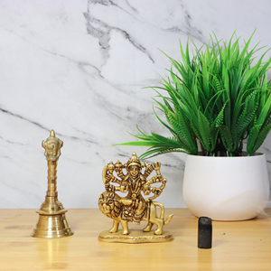 Escultura Artesanal de la Diosa Durga en Latón, 3 Pulgadas, Tono Dorado, Figura de Divinidad Hindú Montada en un León, para Regalo o Decoración - Product Image 6