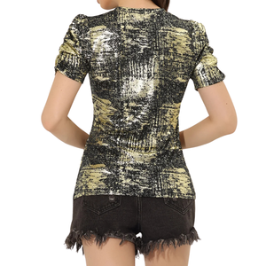 T-shirt femme en jersey extensible polyester et élasthanne, imprimé personnalisé, coupe ajustée, jaune et noir, motif abstrait, décontracté - Product Image 2