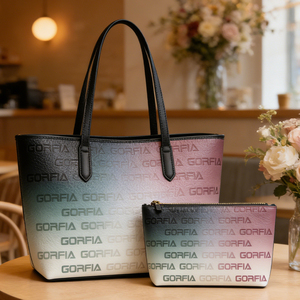 Trendy Designer Gradient Embossed Letter Tote Bag Large Capacity PU Leather Shoulder Bag with <b>Matching</b> Pouch 2PCS Set - Product Image 4
