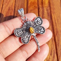 Pendentif Papillon en Laiton Fait Main avec Œil de Tigre, Breloque Florale en Pierre Naturelle, Collier Bohème Unisexe, Cadeau d'Anniversaire