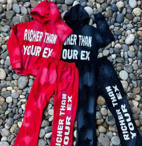 Sudadera con capucha y cremallera con lavado ácido y pantalones de chándal acampanados para hombre, estilo streetwear, personalizables, con bordado desgastado, patchwork y estampado, suaves y de alta calidad. - Product Image 1