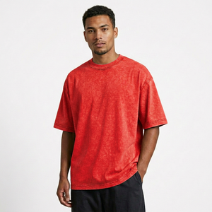 Camiseta de hombre con lavado ácido, algodón grueso, efecto vintage, corte holgado, manga corta, cuello redondo, estilo casual urbano, suave y a la moda. - Product Image 1