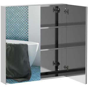 Armadietto da Bagno a Doppia Anta da Parete 60x65 cm, Organizzatore con Telaio in Acciaio Inox e Ante a Specchio - Product Image 1