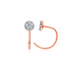 Boucles d'oreilles manchette en or rose avec diamants floraux roses, clous d'oreilles en diamant taille brillant rond, bijoux classiques pour femme à porter au quotidien - Product Image 3