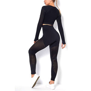Ensemble de yoga sans couture réversible pour femme avec logo couleur personnalisée, soutien-gorge de sport et leggings, taille haute en dentelle unie délavée, 2 pièces extensibles dans quatre directions - Product Image 3