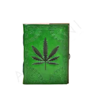 Full Grain Leather Wholesale Leaf Embossed Green Leather Journal Made Of Handmade Woodfree Antique Handmade Flower Mix Papers