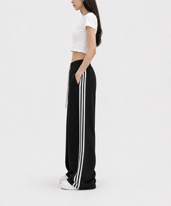 Pantalon large pour femme à rayures latérales, taille élastique avec cordon de serrage, style sportif décontracté, coupe ample, bas de tenue athleisure urbaine - Product Image 4
