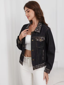 Hardihood International Veste en jean pour femme, patchwork floral, col et poignets contrastants, coupe classique, automne, formelle, respirante - Product Image 4