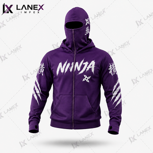 Men's Ninja Hoodie Balaclava Mask Double <b>Hood</b> <b>Zip</b> Up Sweatshirt Custom Streetwear Pullover Hoodie Winter Sportswear Clothing OEM - Product Image 2