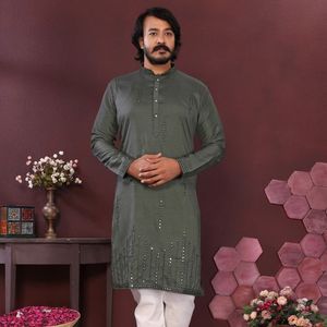 Elegant <b>Smart</b> Silk Kurta Pajama Set for Men And Embroidered <b>Mirror</b> Work Festive Wear with wholesale rate by royal export - Product Image 4