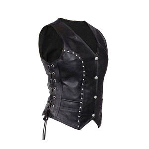 New Arrival Women's <b>Black</b> Genuine Leather Sleeveless <b>Vest</b> Rhinestone Vintage Washed Knitted Waterproof Windproof Outer Wear - Product Image 2